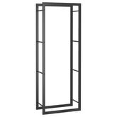 A tall, rectangular matte black steel firewood rack with a minimalist design.